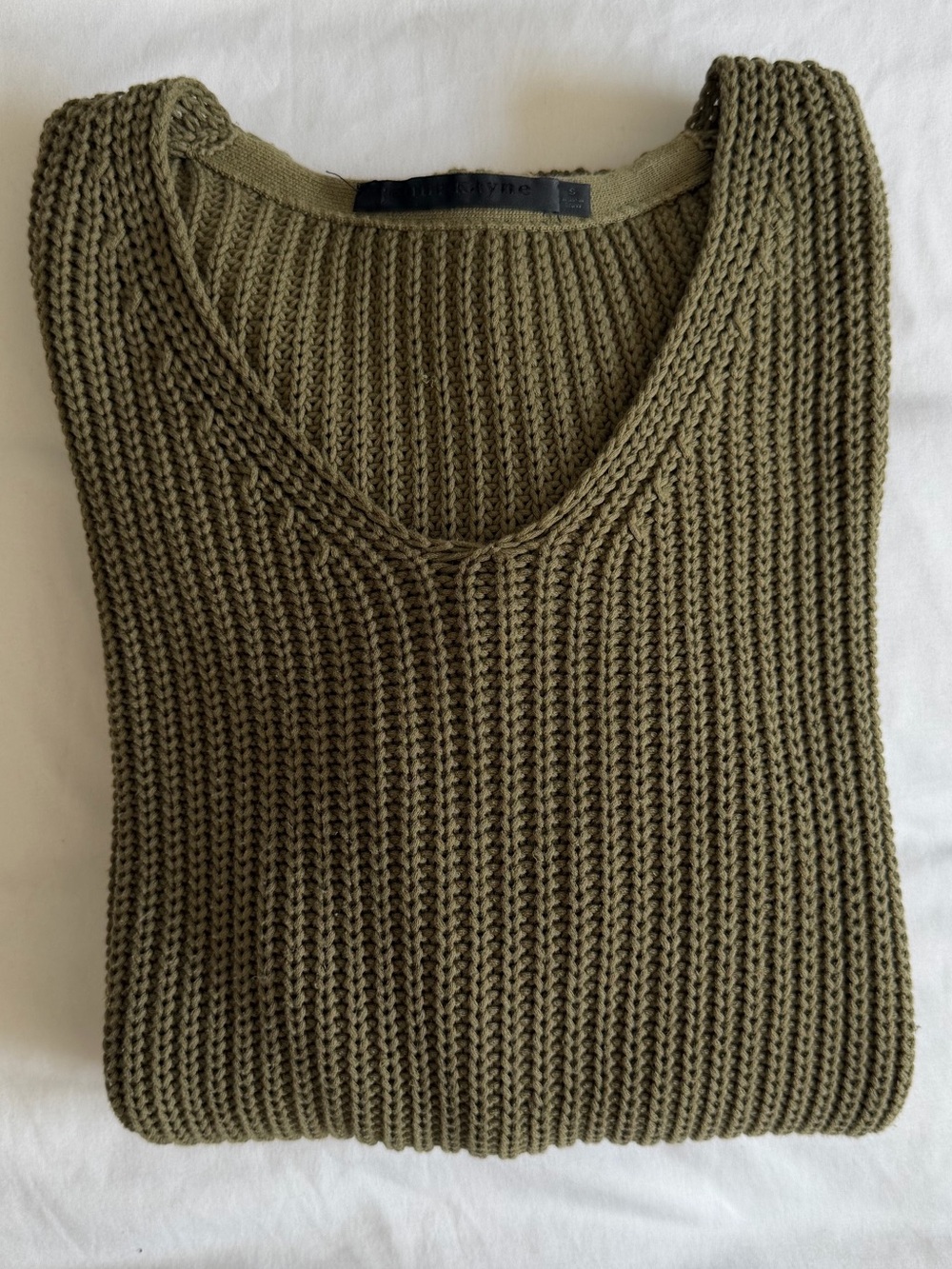 Jenni Kayne Cotton Cabin Olive Green Ribbed Knit V-Neck Sweater